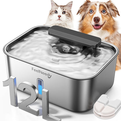 FEELNEEDY 3 Gal Stainless Steel Dog Water Fountain for Large Dog Pet Water Fountain Dog Water Bowl Dispenser with Water Level Window Super Quiet for S-L Dogs and Multi-Pet Easy to Clean(FN-W13)